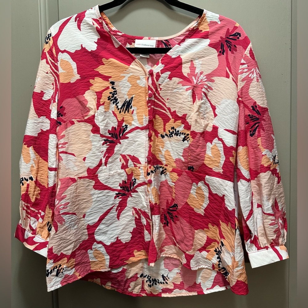 Liz Claiborne Size PM Floral Long Sleeve Button Down Blouse NWT